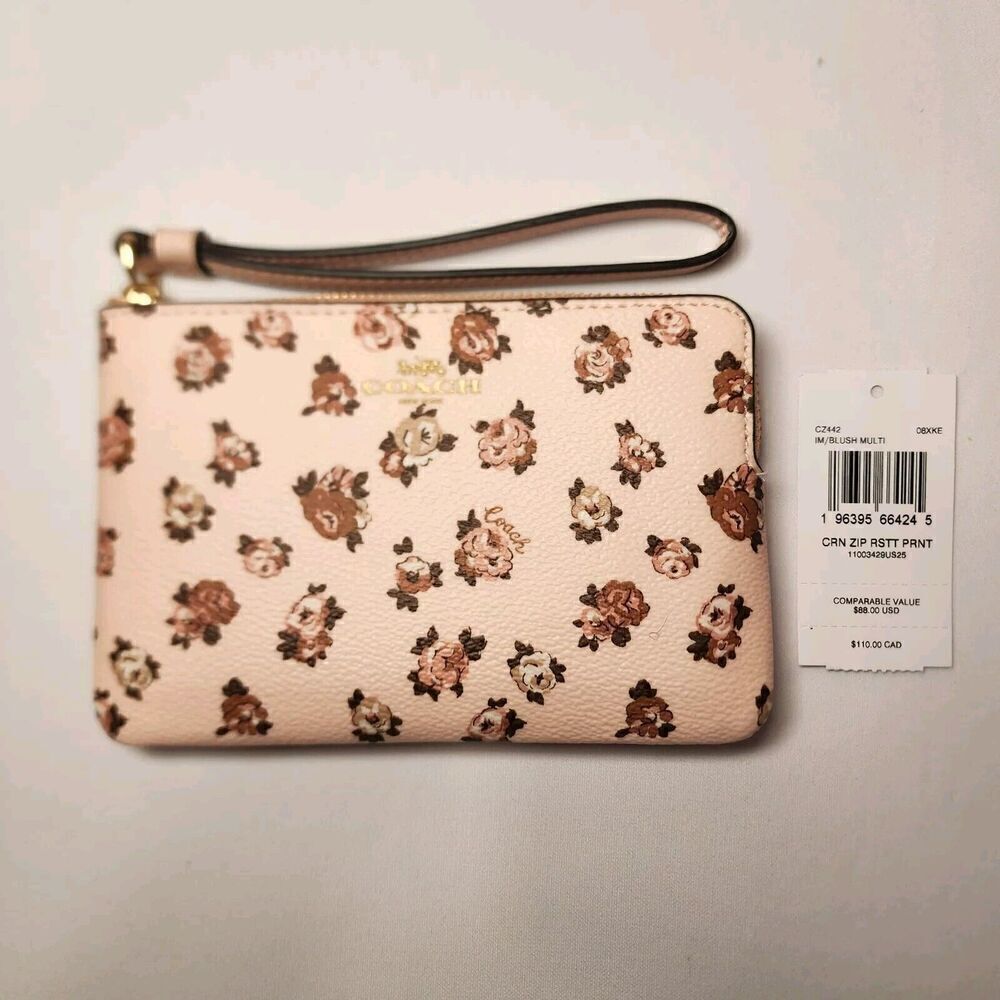 NWT COACH CZ442 Corner Zip Wristlet Clutch Bag Rosette Print Blush Pink Multi